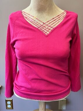 Y2K Delicate Sequin & Beaded Hot Pink Statement Blouse Sleeves Size L